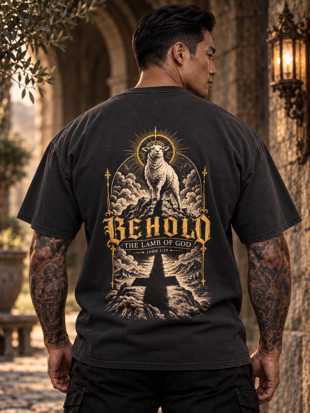 Behold the Lamb of God tee on a model